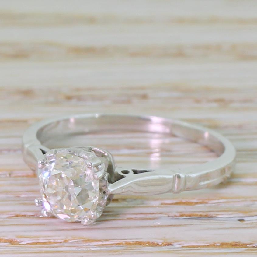 Art Deco 0.96 Carat Old Mine Cut Diamond White Gold Engagement Ring 3