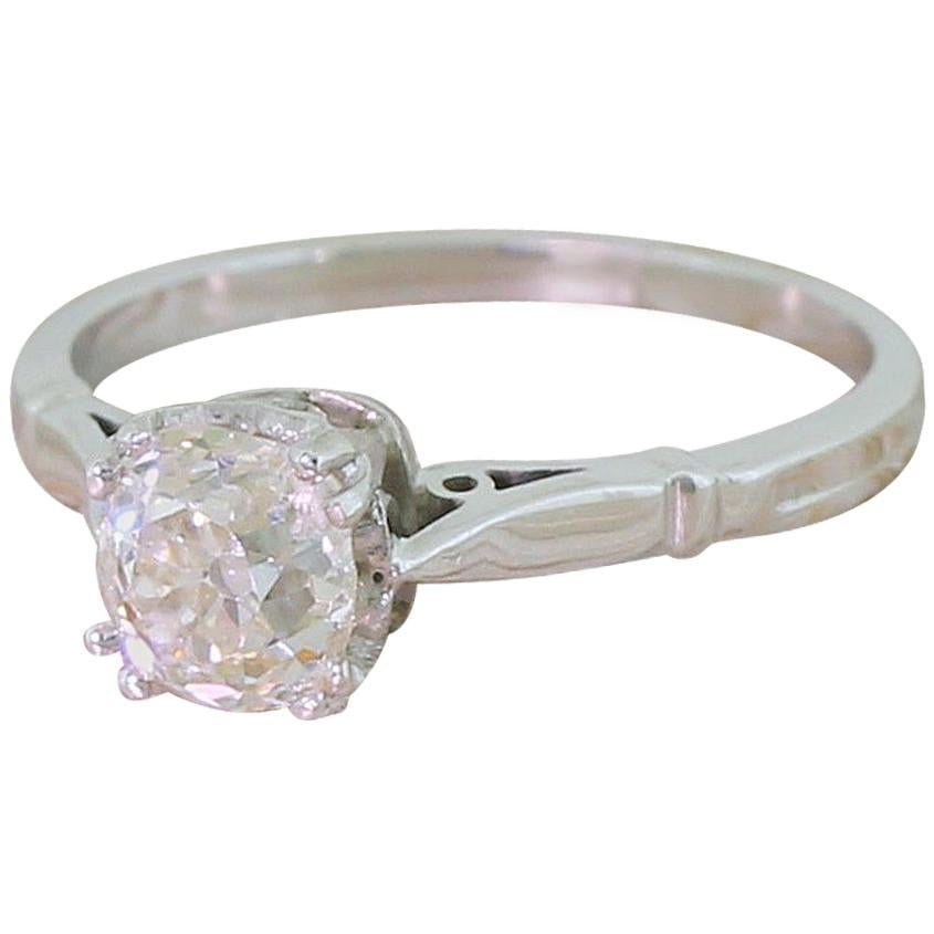 Art Deco 0.96 Carat Old Mine Cut Diamond White Gold Engagement Ring