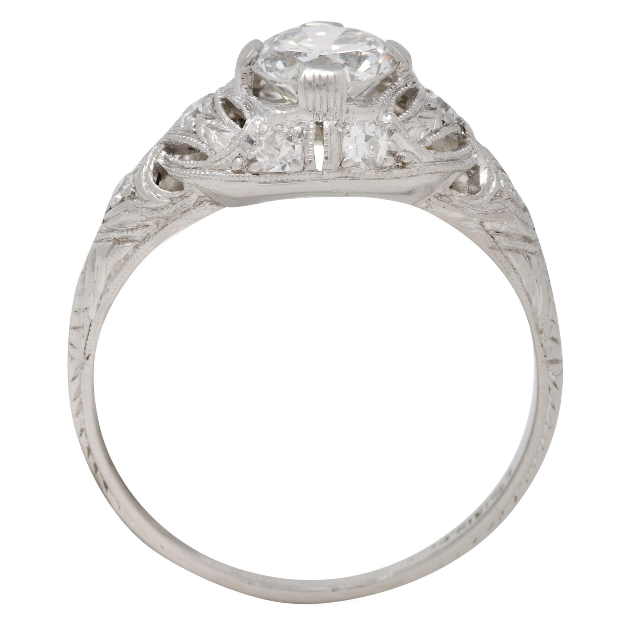 Art Deco 0.96 CTW Diamond Platinum Wheat Engagement Ring For Sale 5