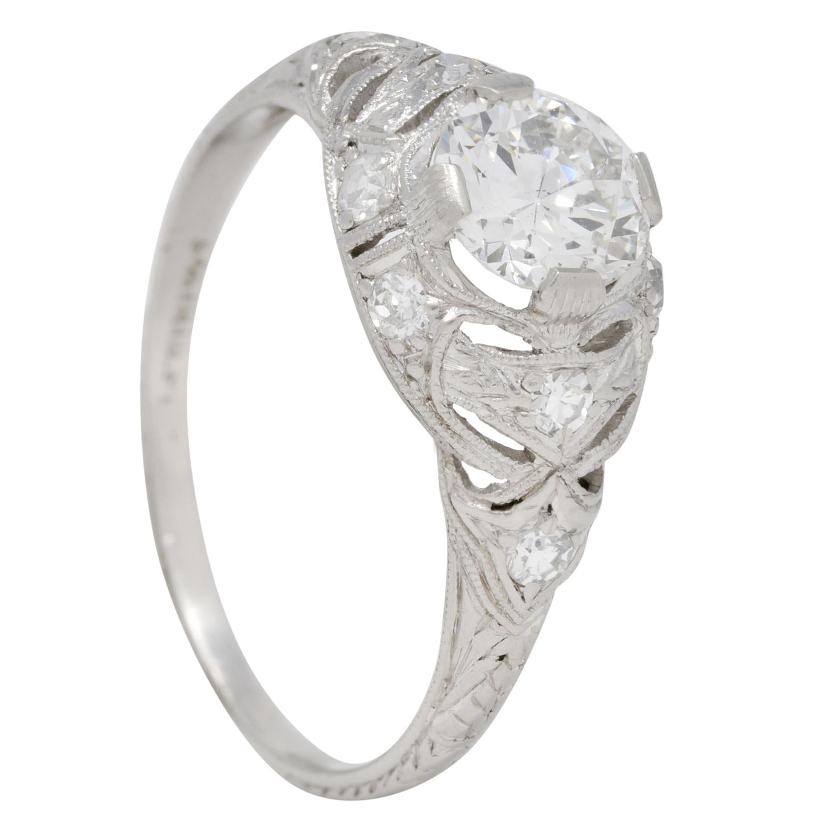 Art Deco 0.96 CTW Diamond Platinum Wheat Engagement Ring For Sale 6