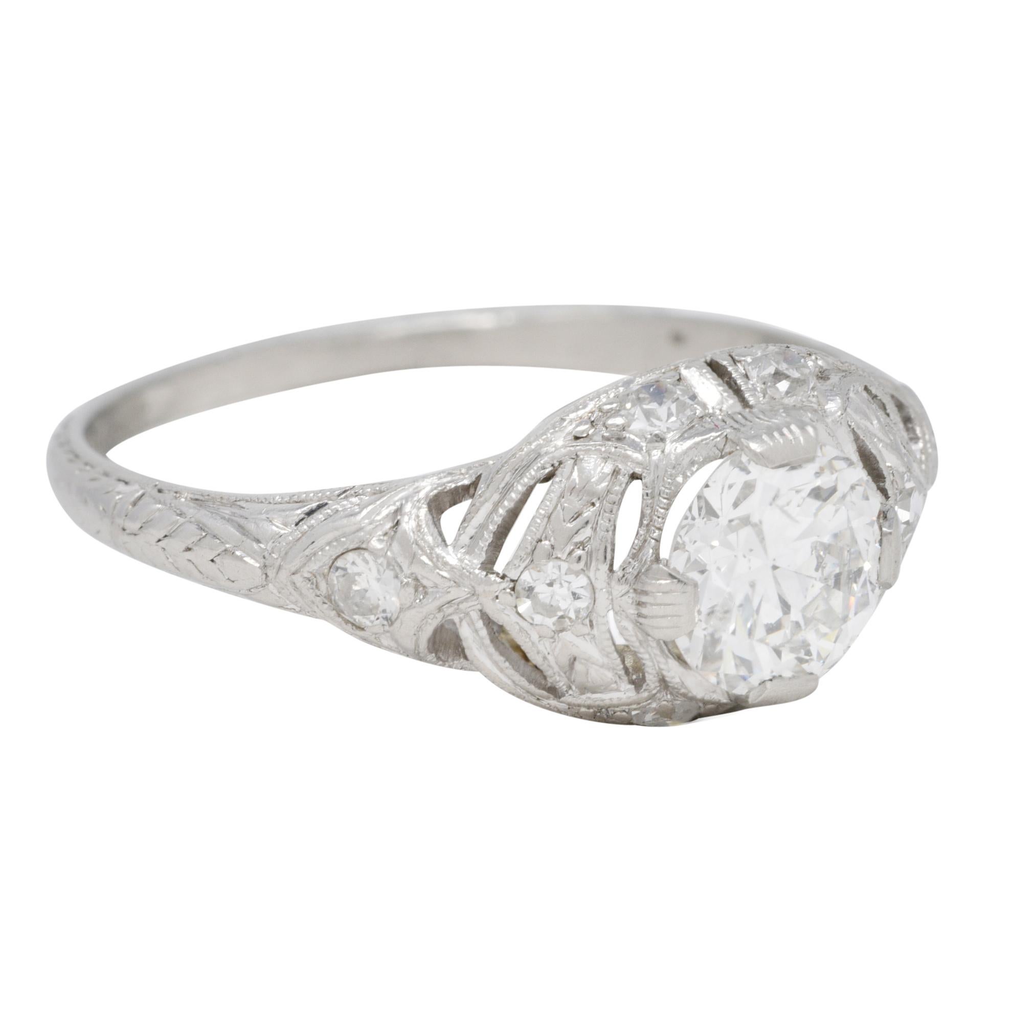 Old European Cut Art Deco 0.96 CTW Diamond Platinum Wheat Engagement Ring For Sale