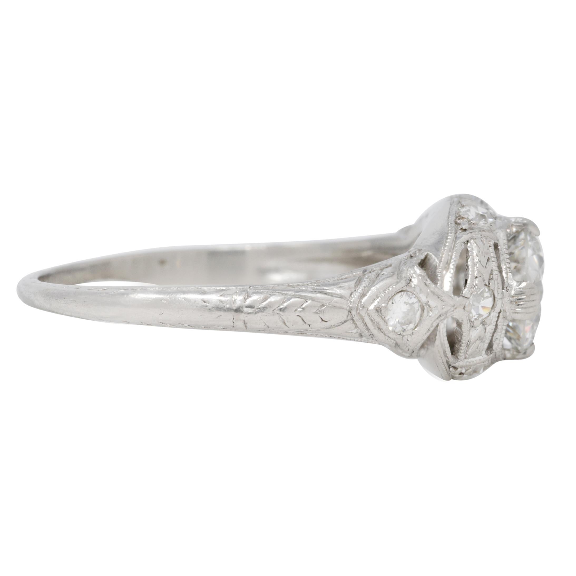 Art Deco 0.96 CTW Diamond Platinum Wheat Engagement Ring In Excellent Condition For Sale In Philadelphia, PA