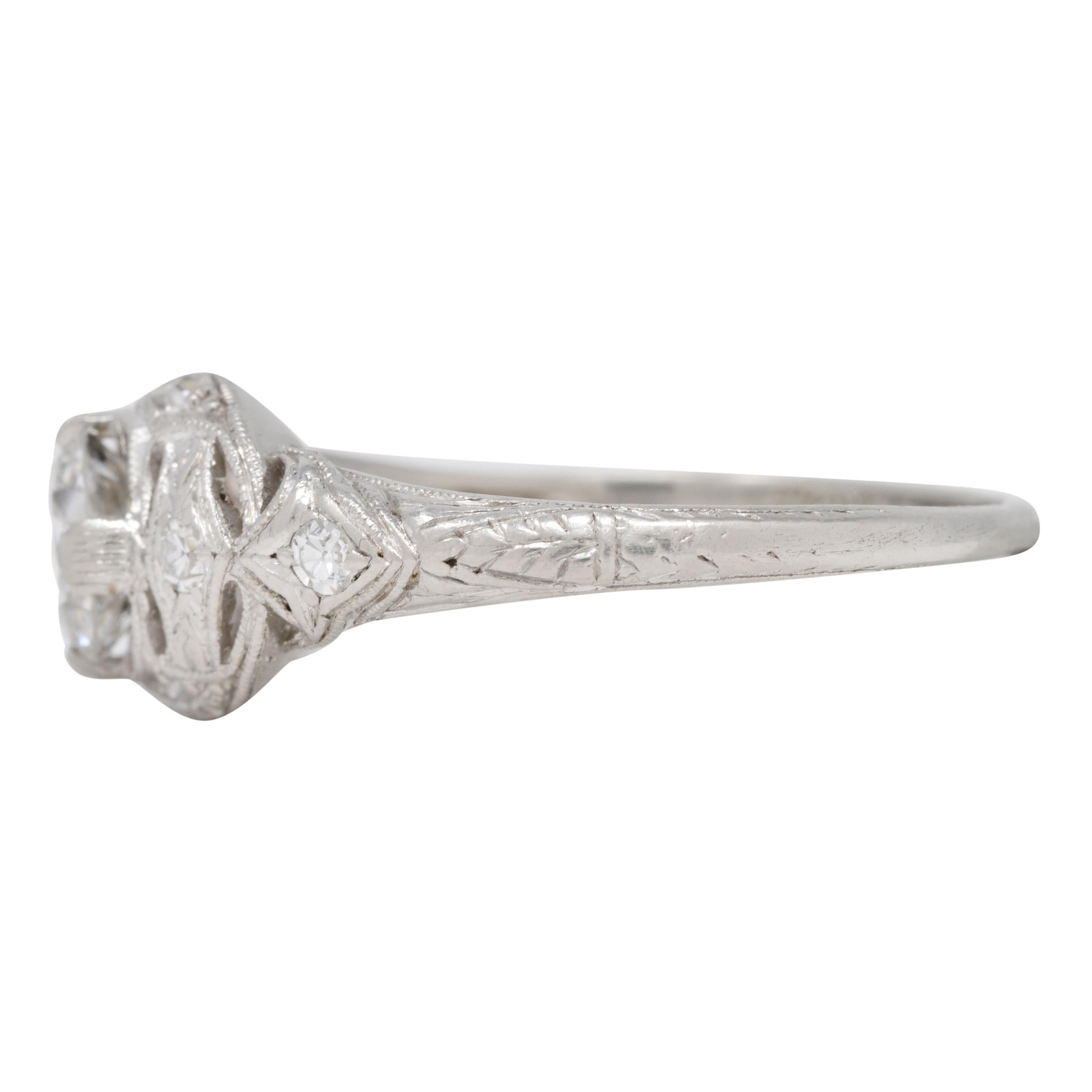 Art Deco 0.96 CTW Diamond Platinum Wheat Engagement Ring For Sale 1