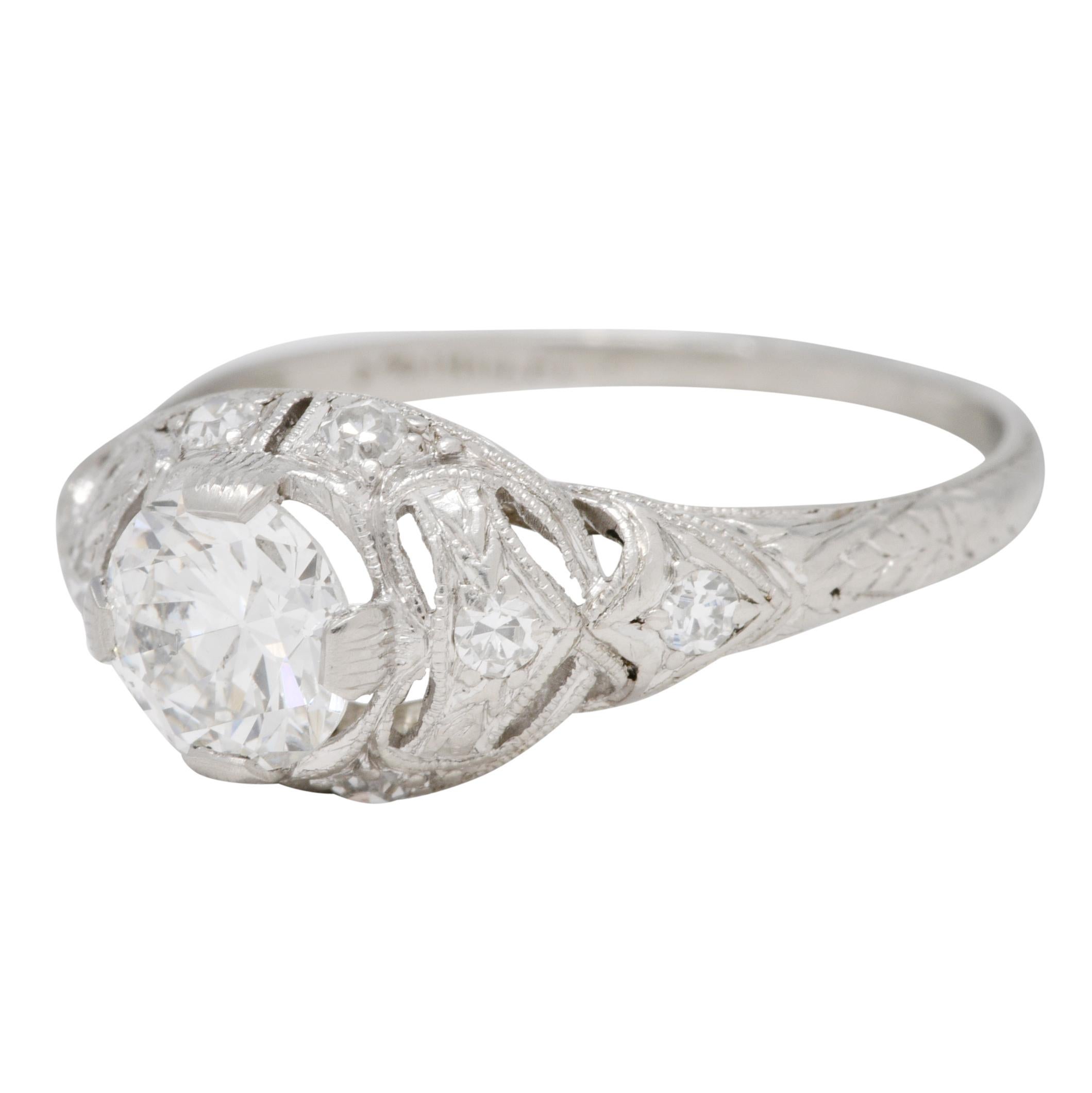 Art Deco 0.96 CTW Diamond Platinum Wheat Engagement Ring For Sale 2