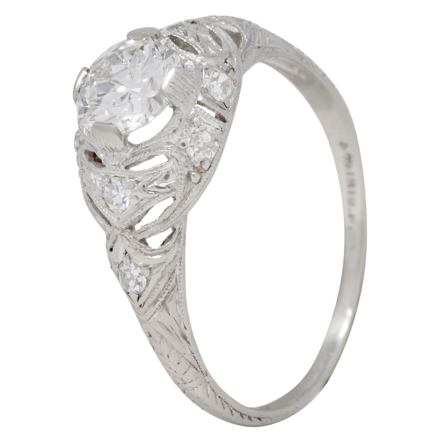 Art Deco 0.96 CTW Diamond Platinum Wheat Engagement Ring For Sale 4