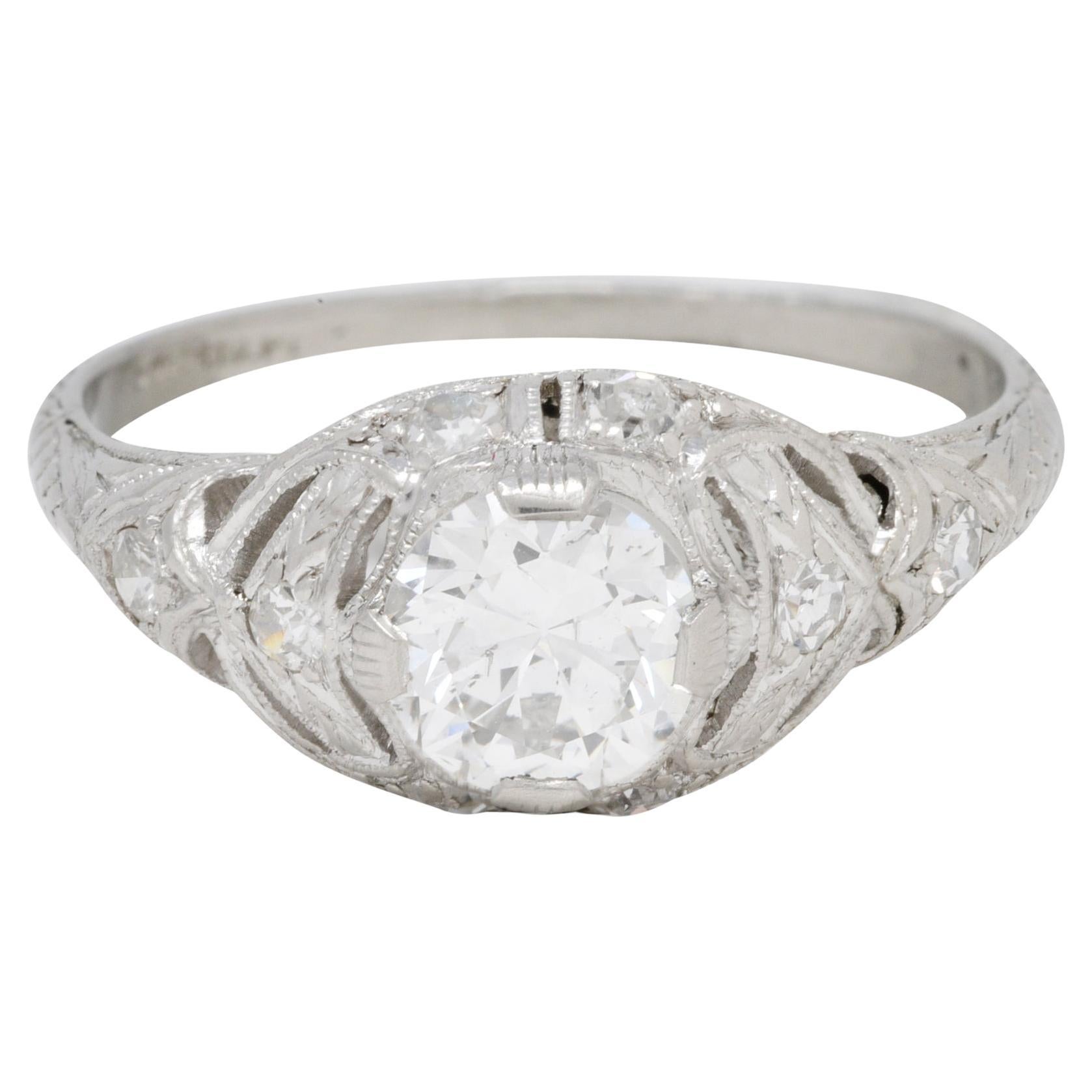 Art Deco 0.96 CTW Diamond Platinum Wheat Engagement Ring For Sale