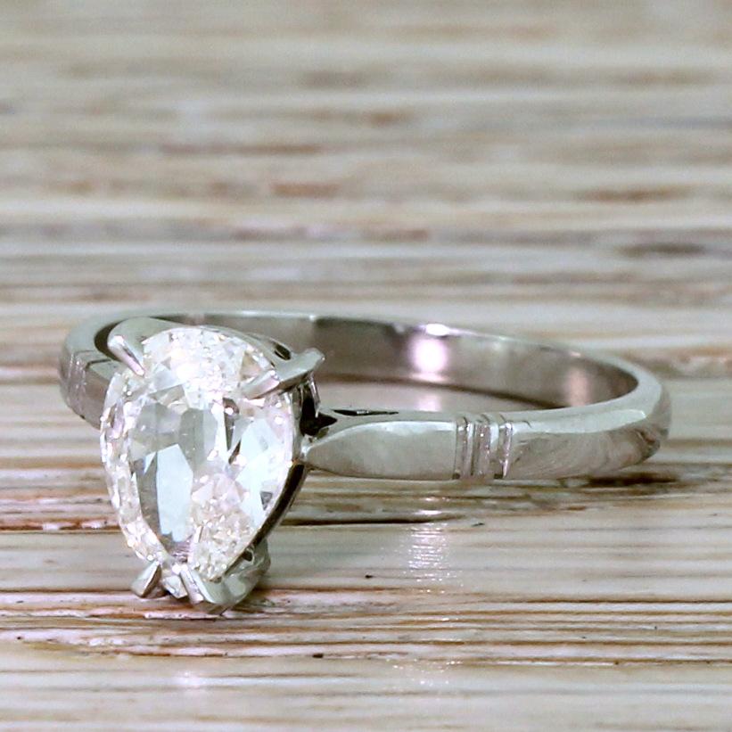 Old pear cut diamonds are super scarce, so we’re especially lucky to have one as white, bright and internally clean as this. The diamond – graded by HRD, Antwerp as H colour, VVS2 clarity – is secured in a handmade, platinum mount. Two claws at the