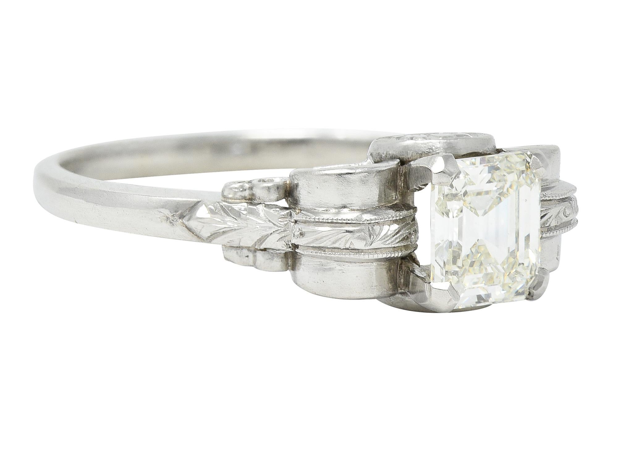 Art Deco 0.97 CTW Emerald Cut Diamond Platinum Vintage Engagement Ring GIA In Excellent Condition For Sale In Philadelphia, PA