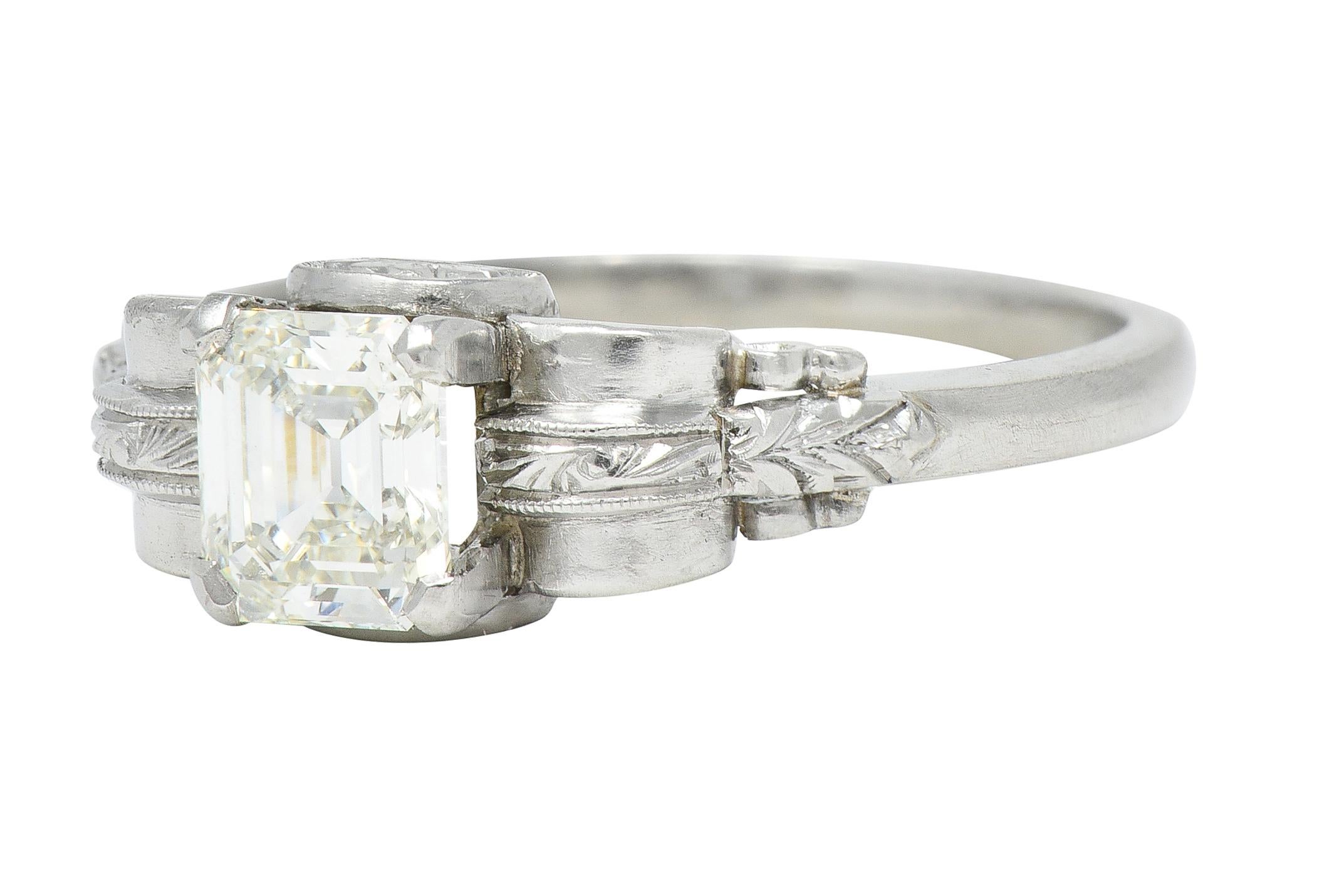 Art Deco 0.97 CTW Emerald Cut Diamond Platinum Vintage Engagement Ring GIA For Sale 3