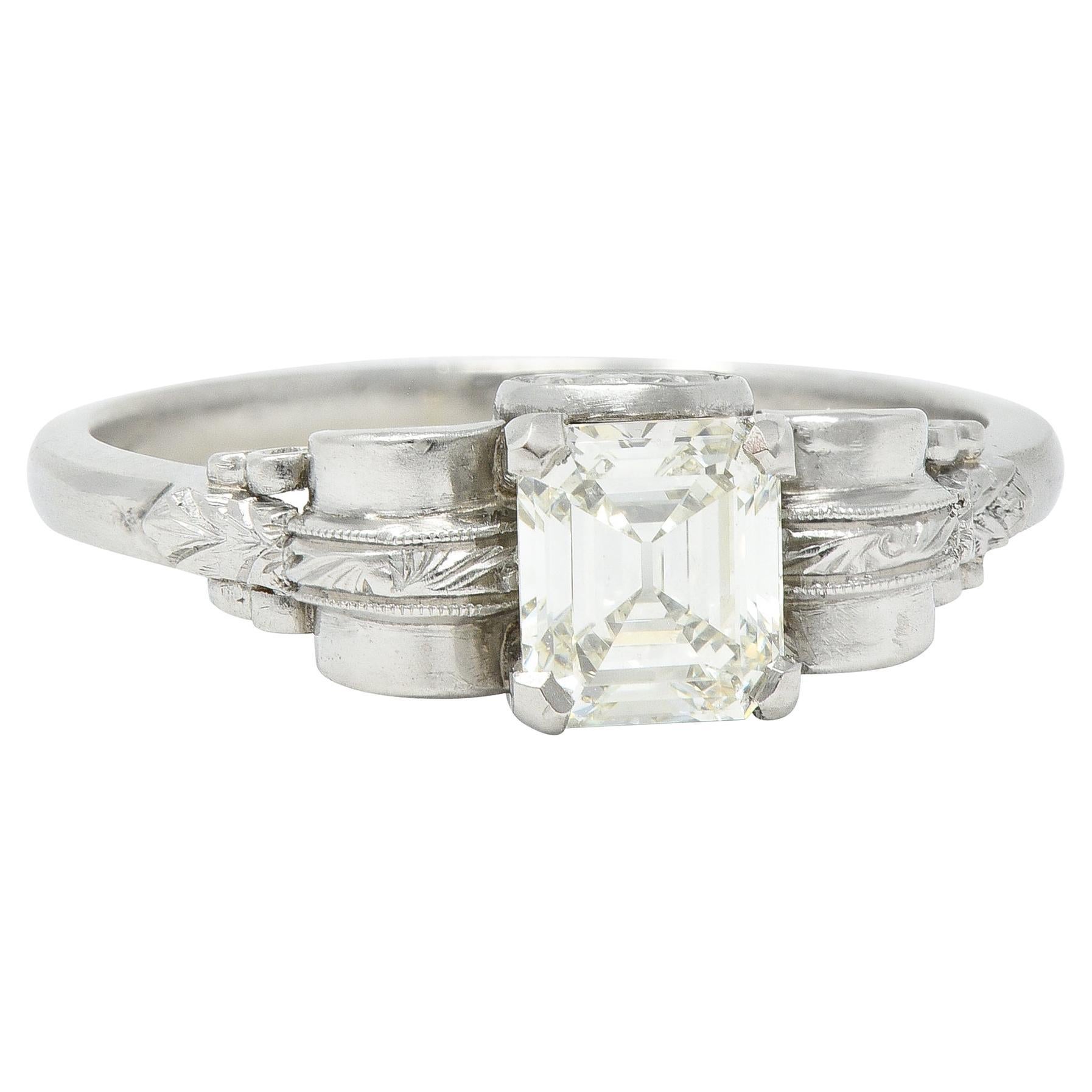 Art Deco 0.97 CTW Emerald Cut Diamond Platinum Vintage Engagement Ring GIA For Sale