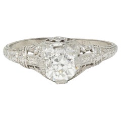 Bague de fiançailles lotus ancienne Art déco en platine avec diamants européens 0,99 carat certifiés GIA