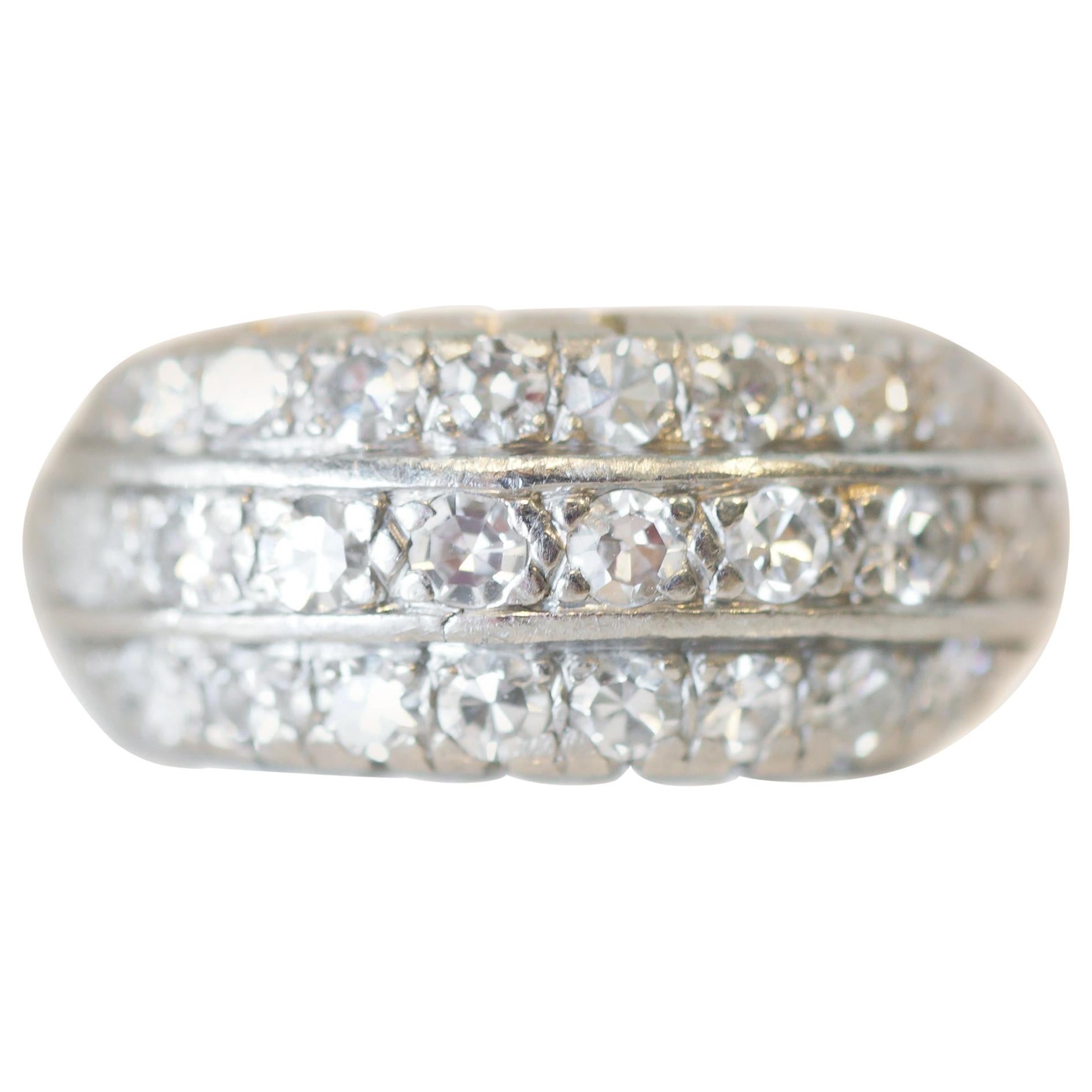 Art Deco 1 Carat 3-Row Antique Singlecut Diamond Platinum Ring, circa 1930s
