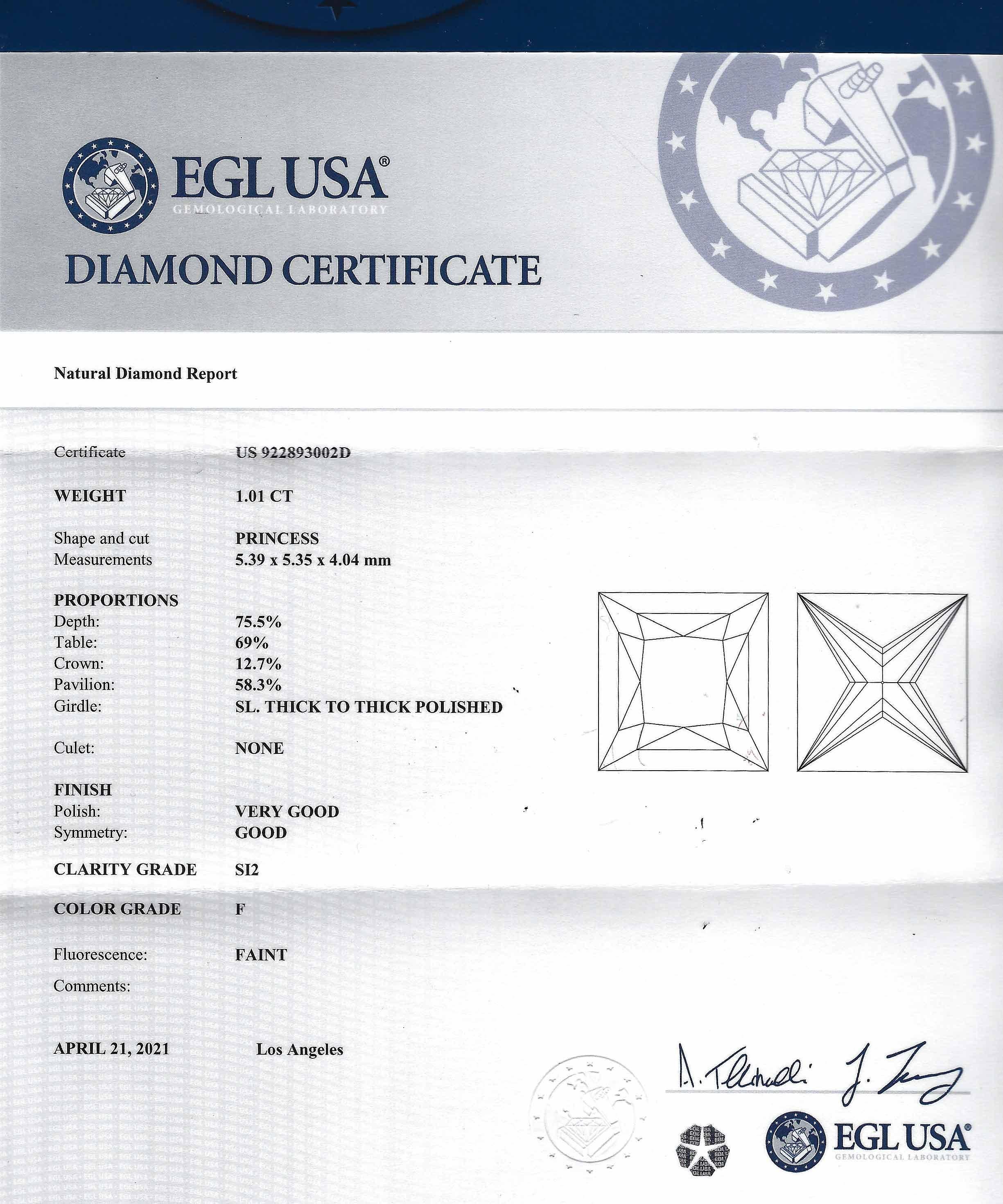 Princess Cut Art Deco 1 Carat Certified Princess Diamond Engagement Ring Platinum Solitaire