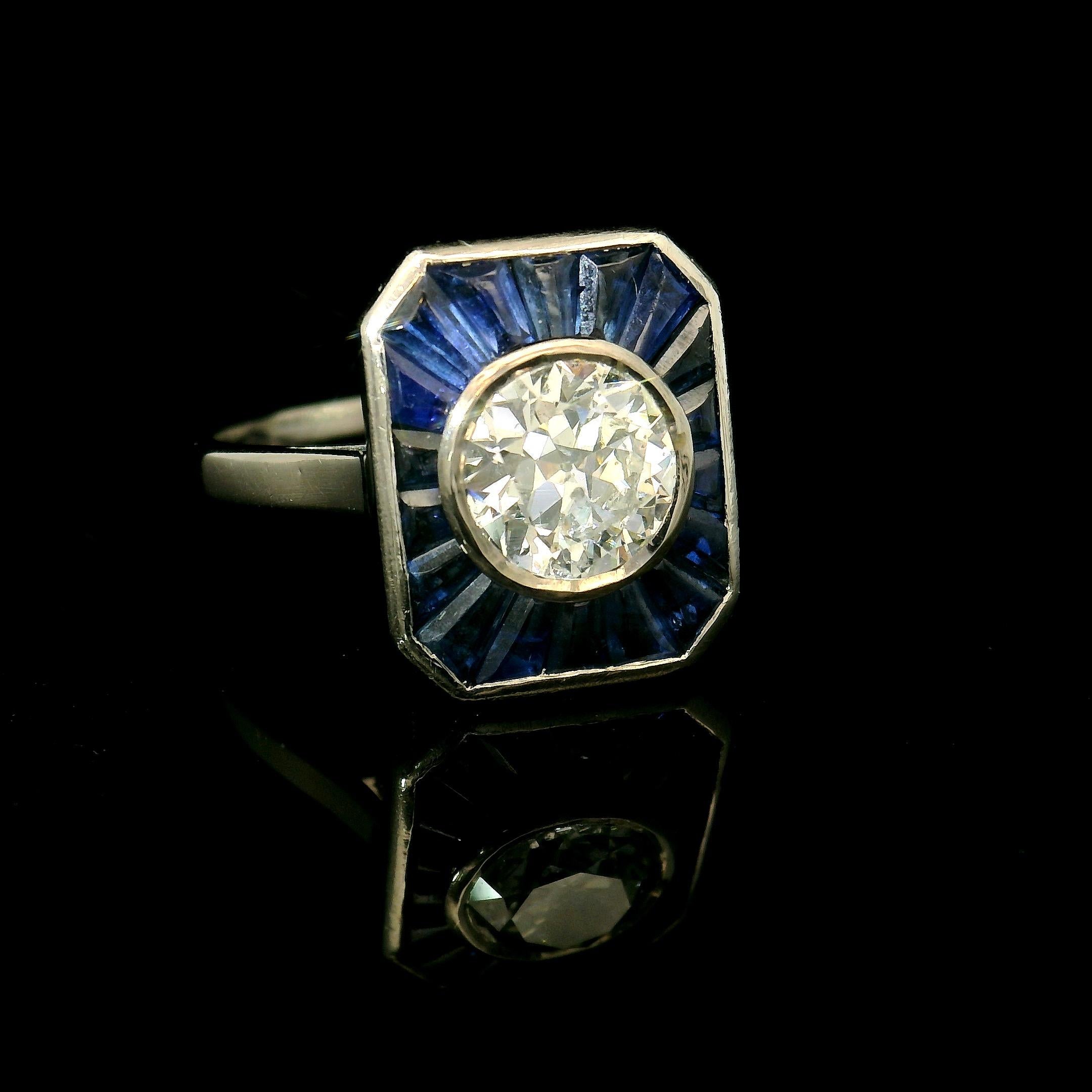 Bague Art déco 1 carat diamant et saphir calibré Bon état - En vente à Uccle, BE