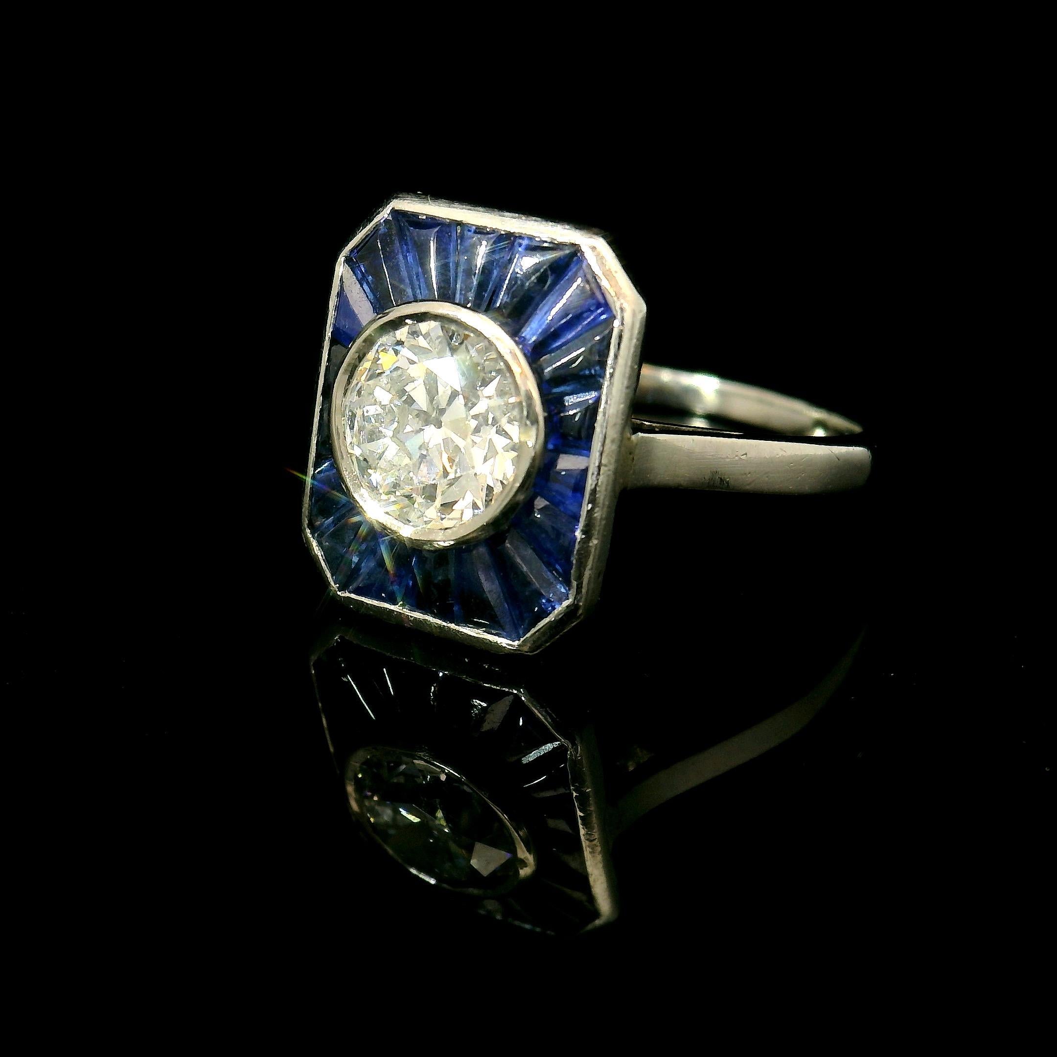 Bague Art déco 1 carat diamant et saphir calibré Unisexe en vente