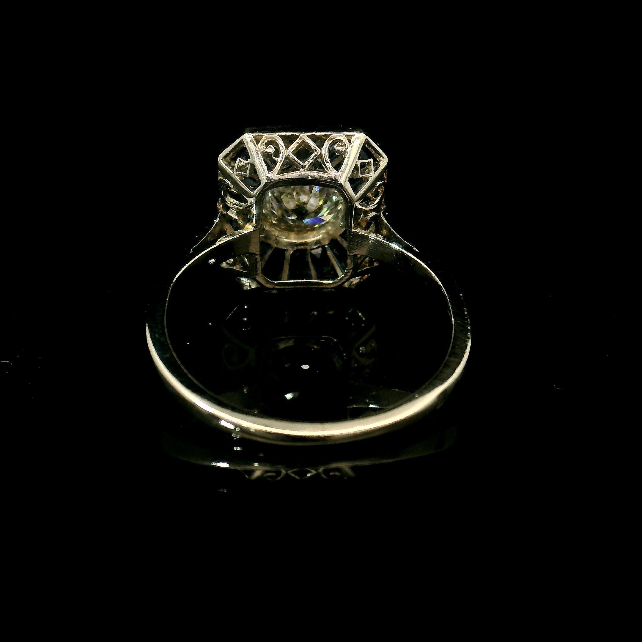 Bague Art déco 1 carat diamant et saphir calibré en vente 1