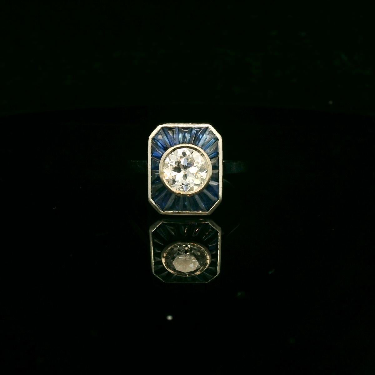 Bague Art déco 1 carat diamant et saphir calibré en vente 3