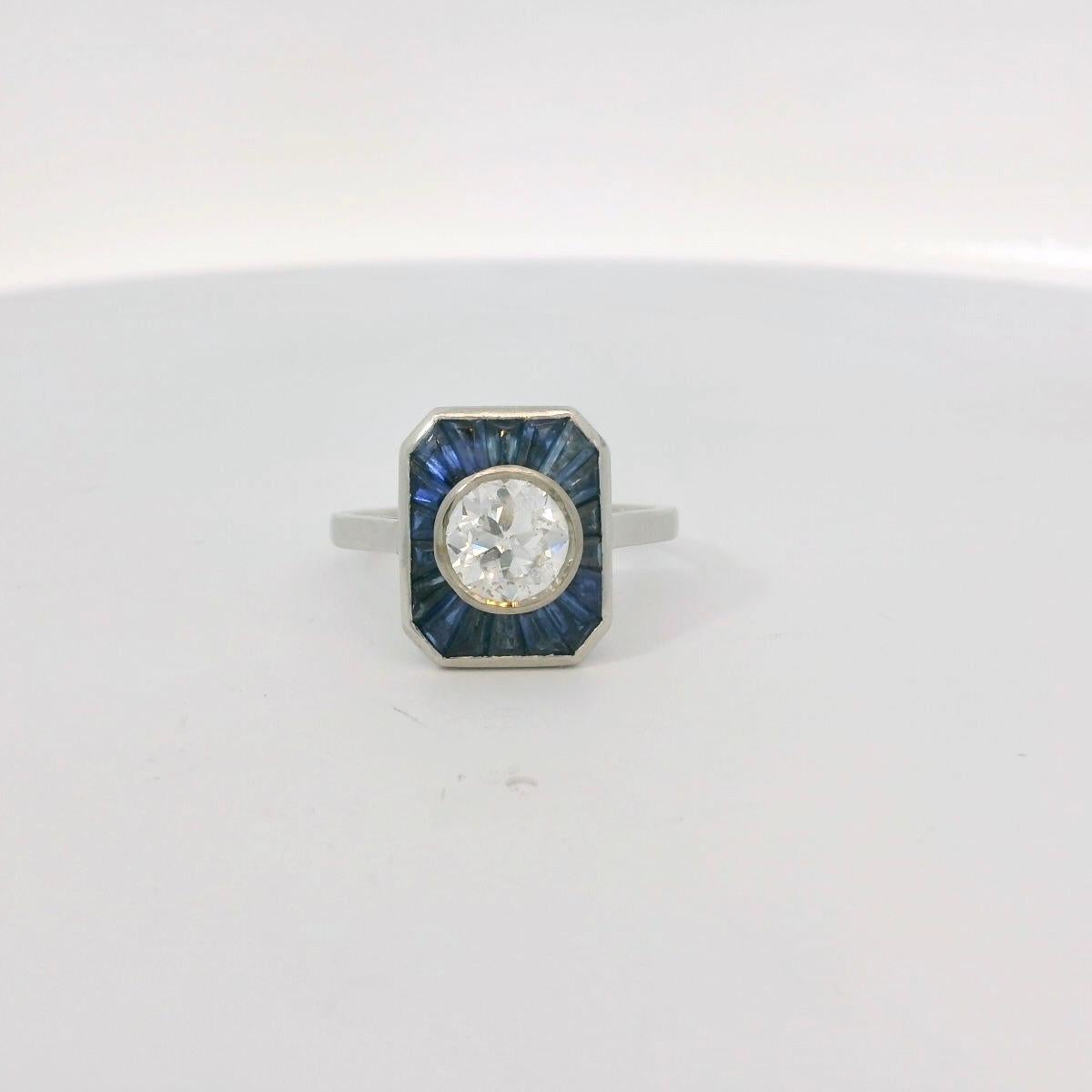 Art déco 1 Carat diamond and calibrated sapphire ring