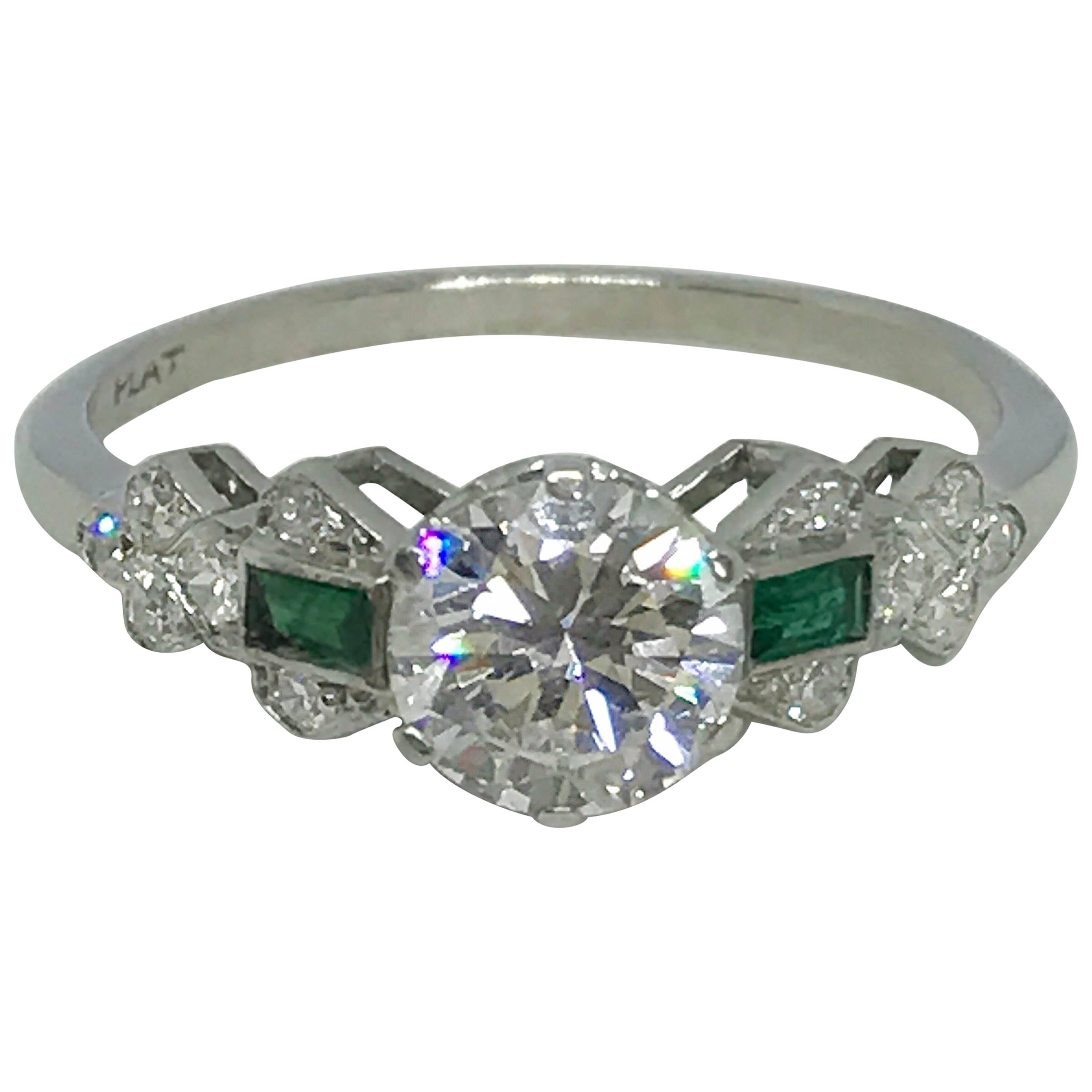 Art Deco 1 Carat Diamond and Emerald Platinum Set Ring