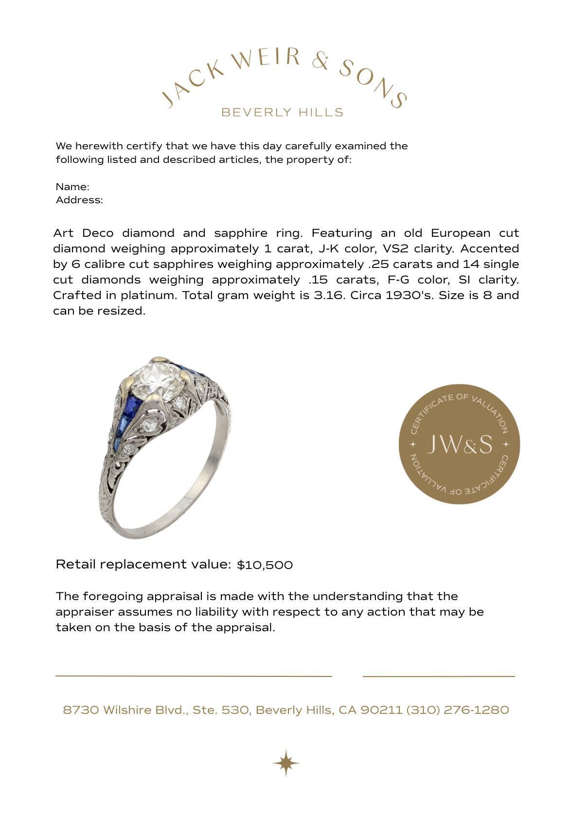 Donna Anello di fidanzamento Art Deco in platino con diamante e zaffiro da 1 carati in vendita