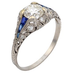 Anello di fidanzamento Art Deco in platino con diamante e zaffiro da 1 carati