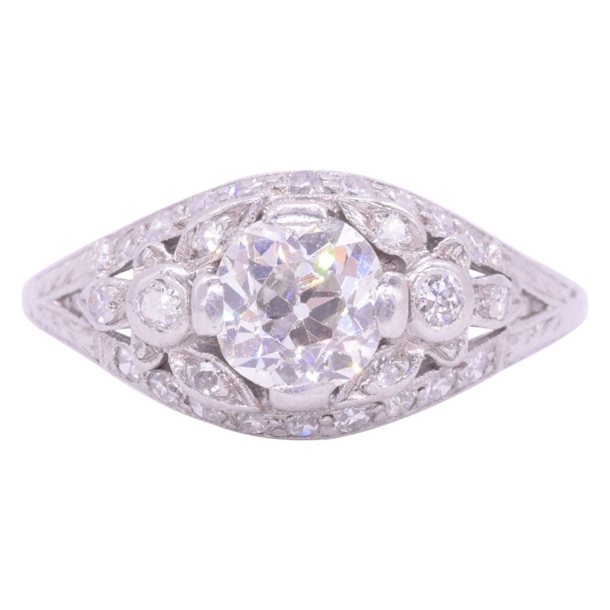 Art Deco 1 Carat Old European Cut Diamond Floral Engagement Ring, circa 1920s