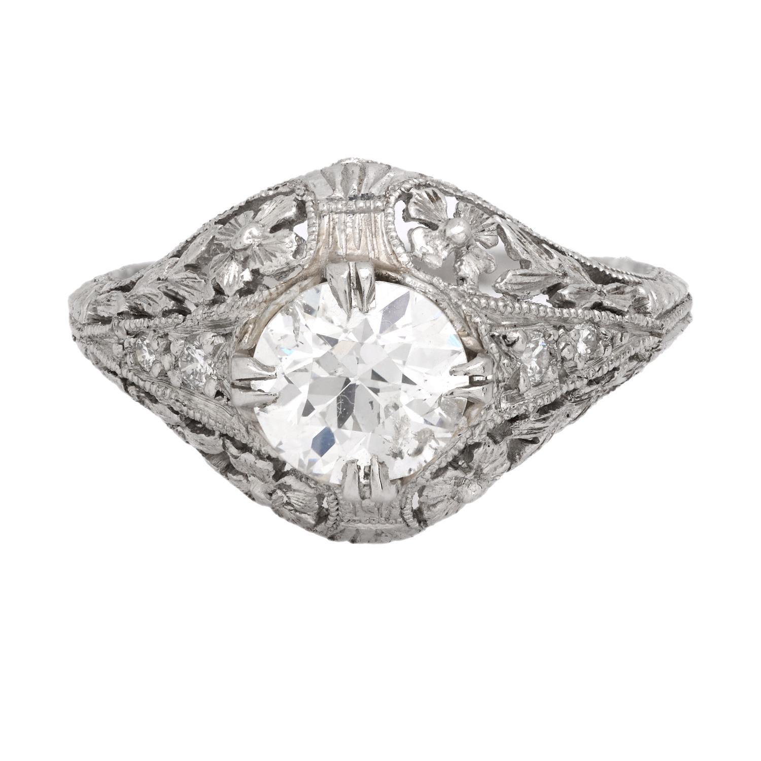 Taille vieille Europe Bague de fiançailles Art déco en platine avec diamant de taille européenne ancienne de 1 carat en vente
