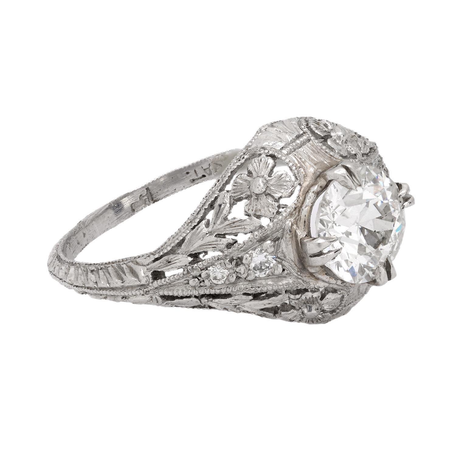 Bague de fiançailles Art déco en platine avec diamant de taille européenne ancienne de 1 carat Pour femmes en vente