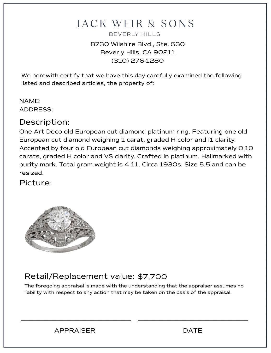 Bague de fiançailles Art déco en platine avec diamant de taille européenne ancienne de 1 carat en vente 1