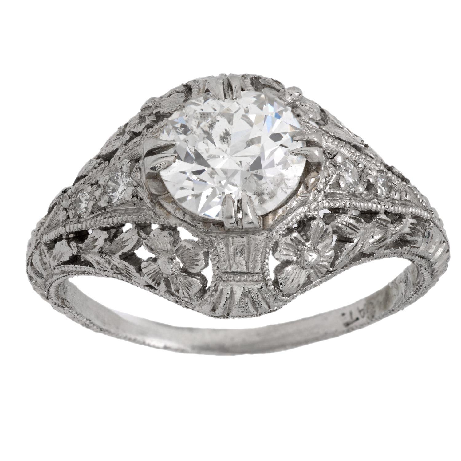 Art Deco Verlobungsring aus Platin mit 1 Karat Diamant im alten europäischen Schliff