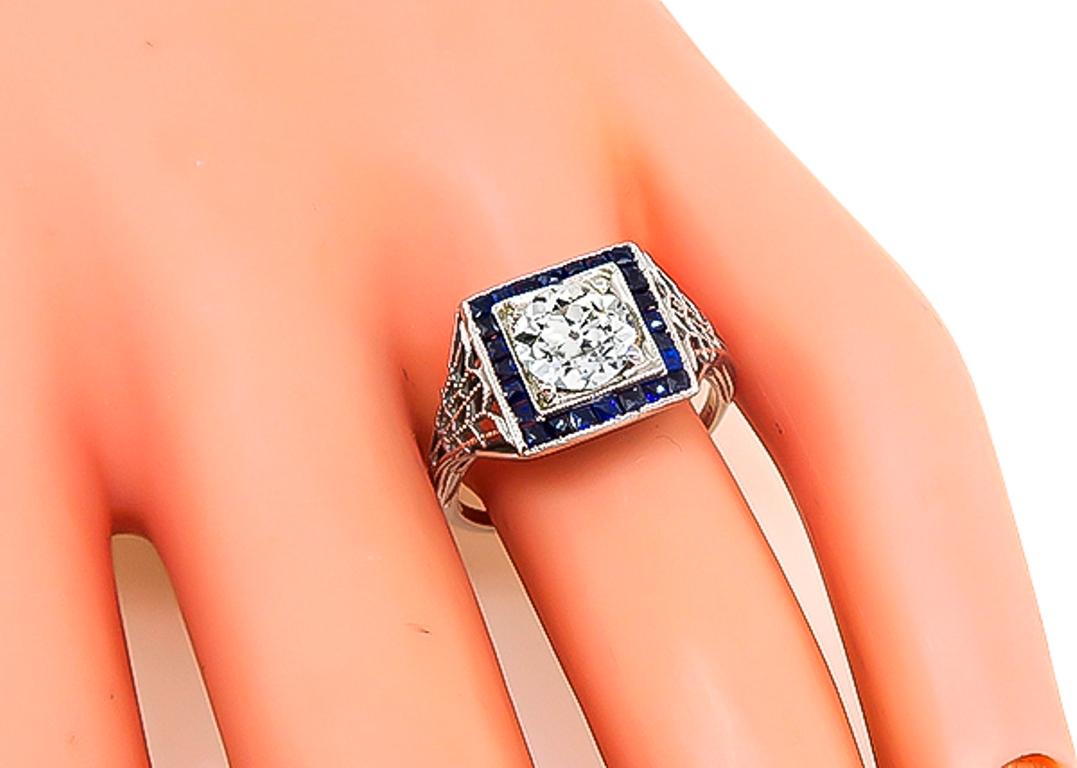 Art Deco 1 Carat Old European Diamond Sapphire Engagement Ring In Good Condition In New York, NY