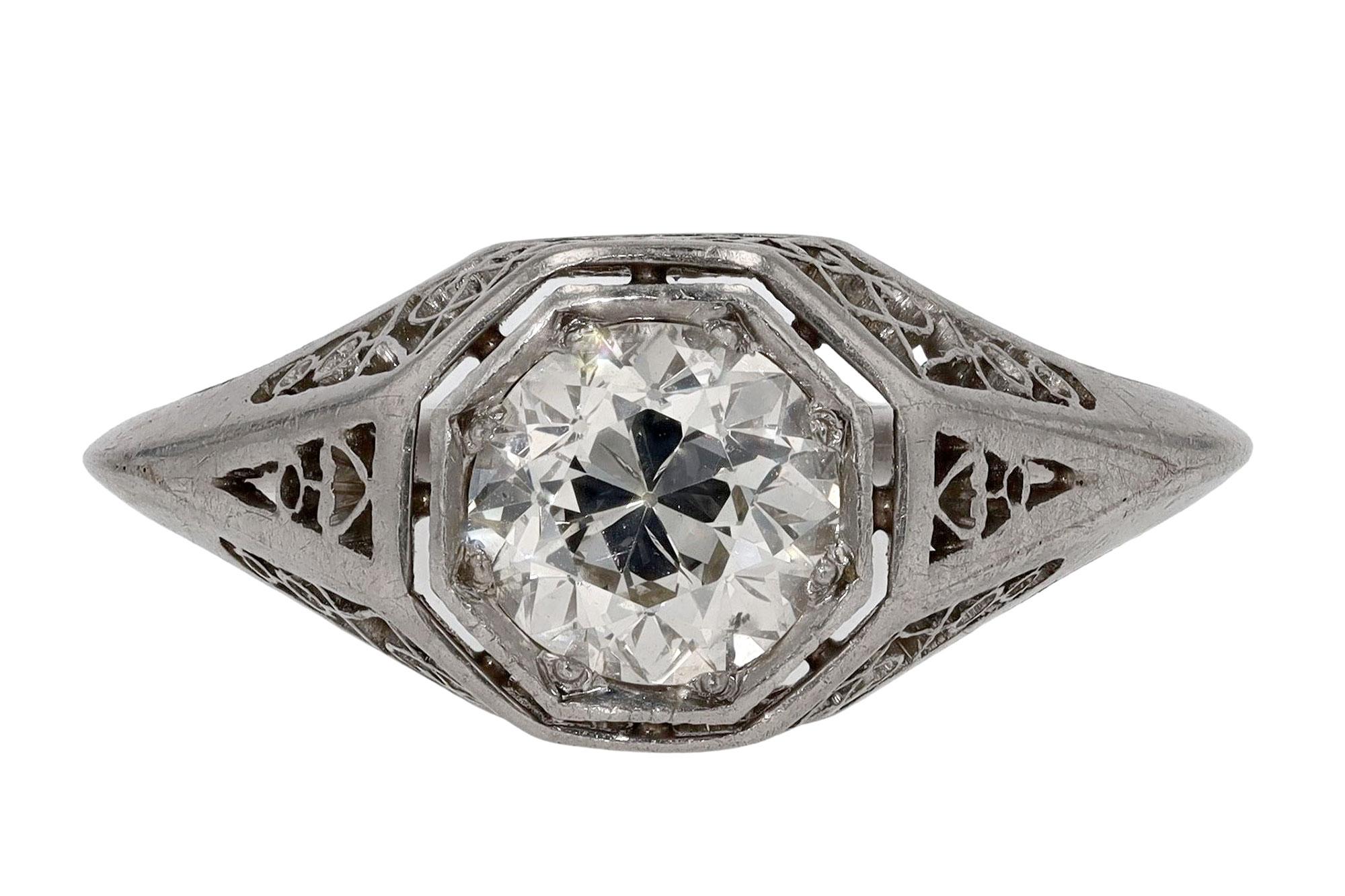 Art Deco 1 Karat Verlobungsring mit Solitär mit alteuropäischem Diamant (Alteuropäischer Schliff) im Angebot