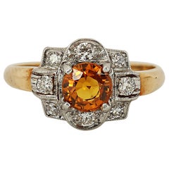 Antique Art Deco 1 Carat Orange Sapphire and Diamond Ring