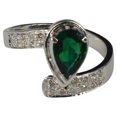 Art Deco 1 Carat Pear Cut Emerald Engagement Ring, Natural Diamond Wedding Ring