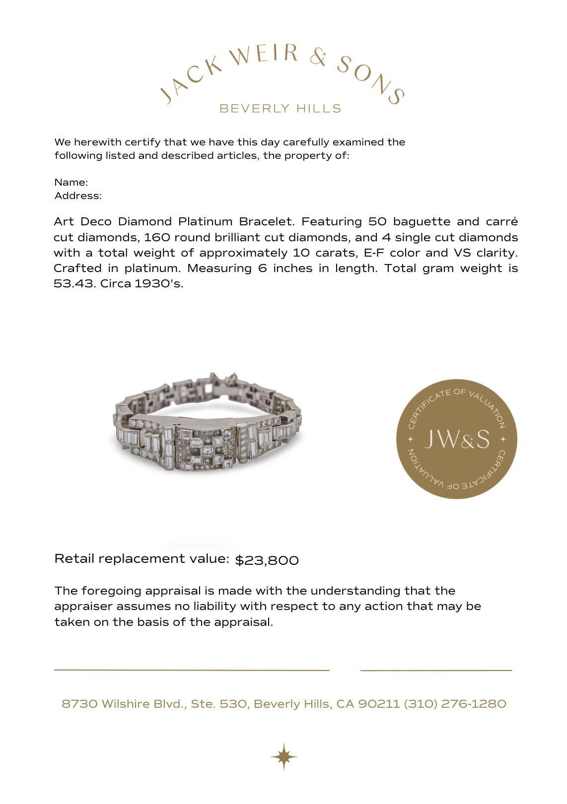 Bracelet tank art déco en platine et diamant 10 carats Pour femmes en vente
