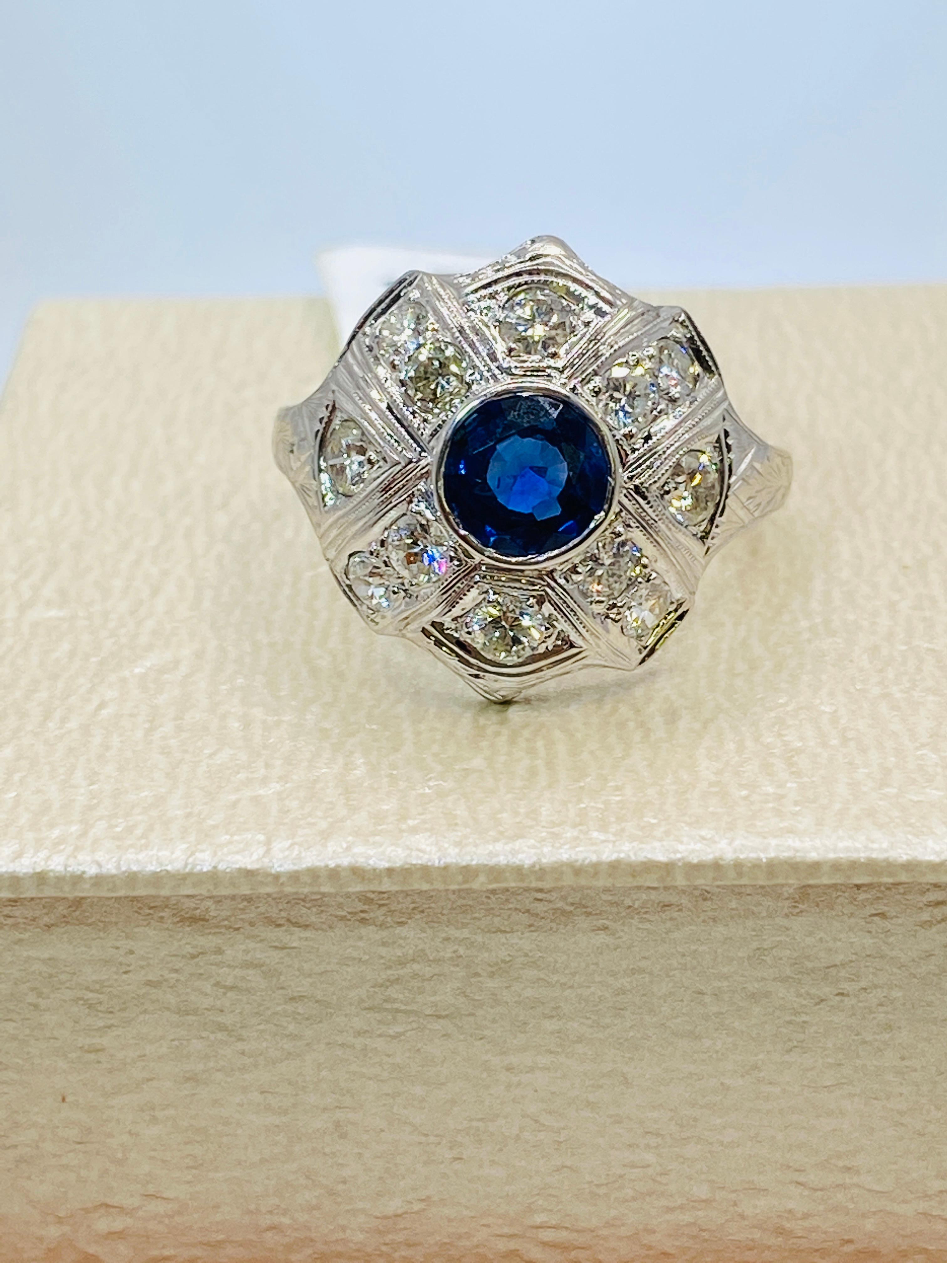 Women's or Men's Art Deco 1.0 Carat Sapphire and Diamond Ring For Sale