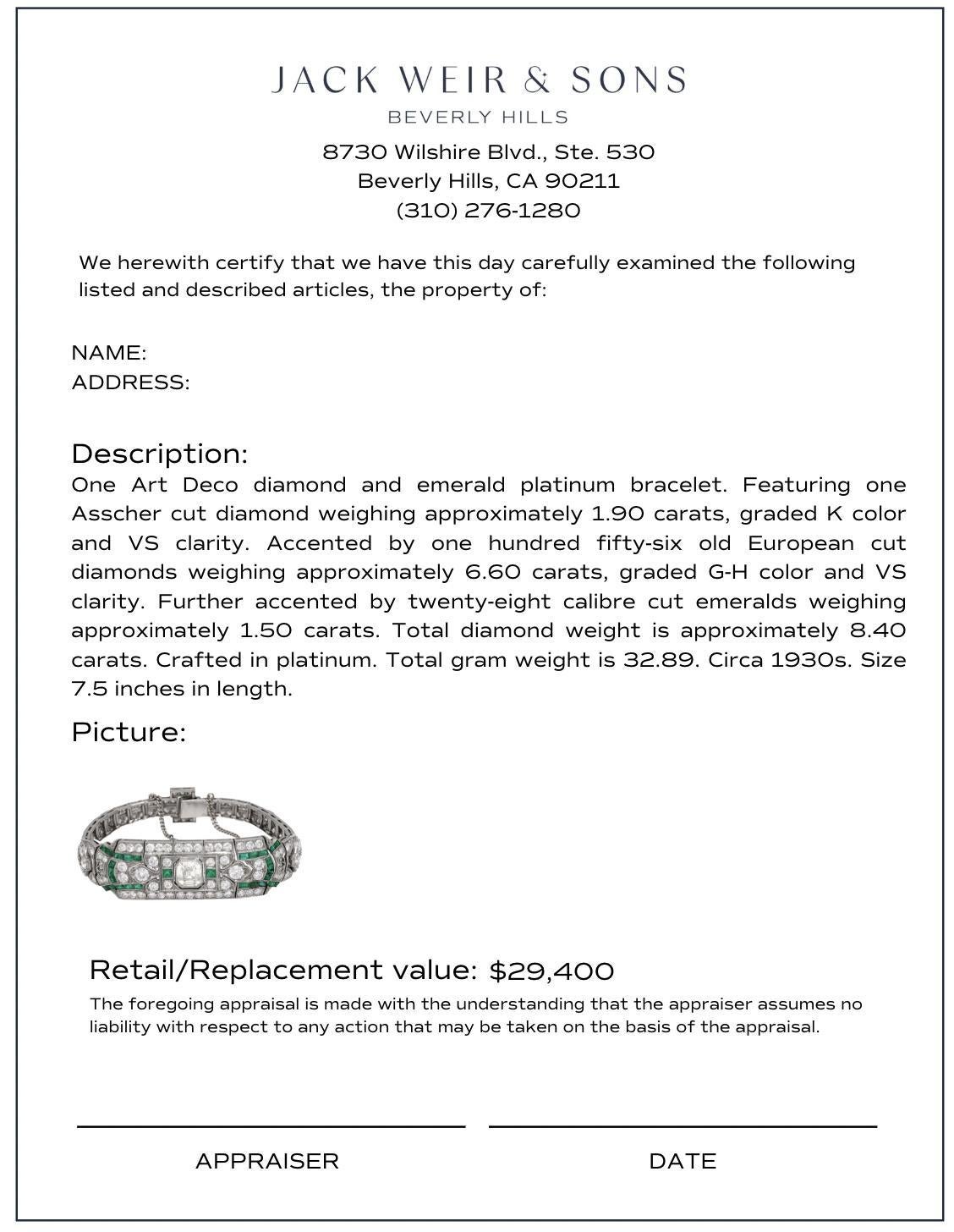 Art Deco 10 carat total weight diamond emerald platinum bracelet im Zustand „Gut“ im Angebot in Beverly Hills, CA