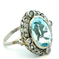 Art Deco 10 Ct Aquamarine Diamond Platinum Halo Ring