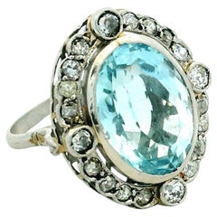 Art Deco 10 Ct Aquamarine Diamond Platinum Halo Ring
