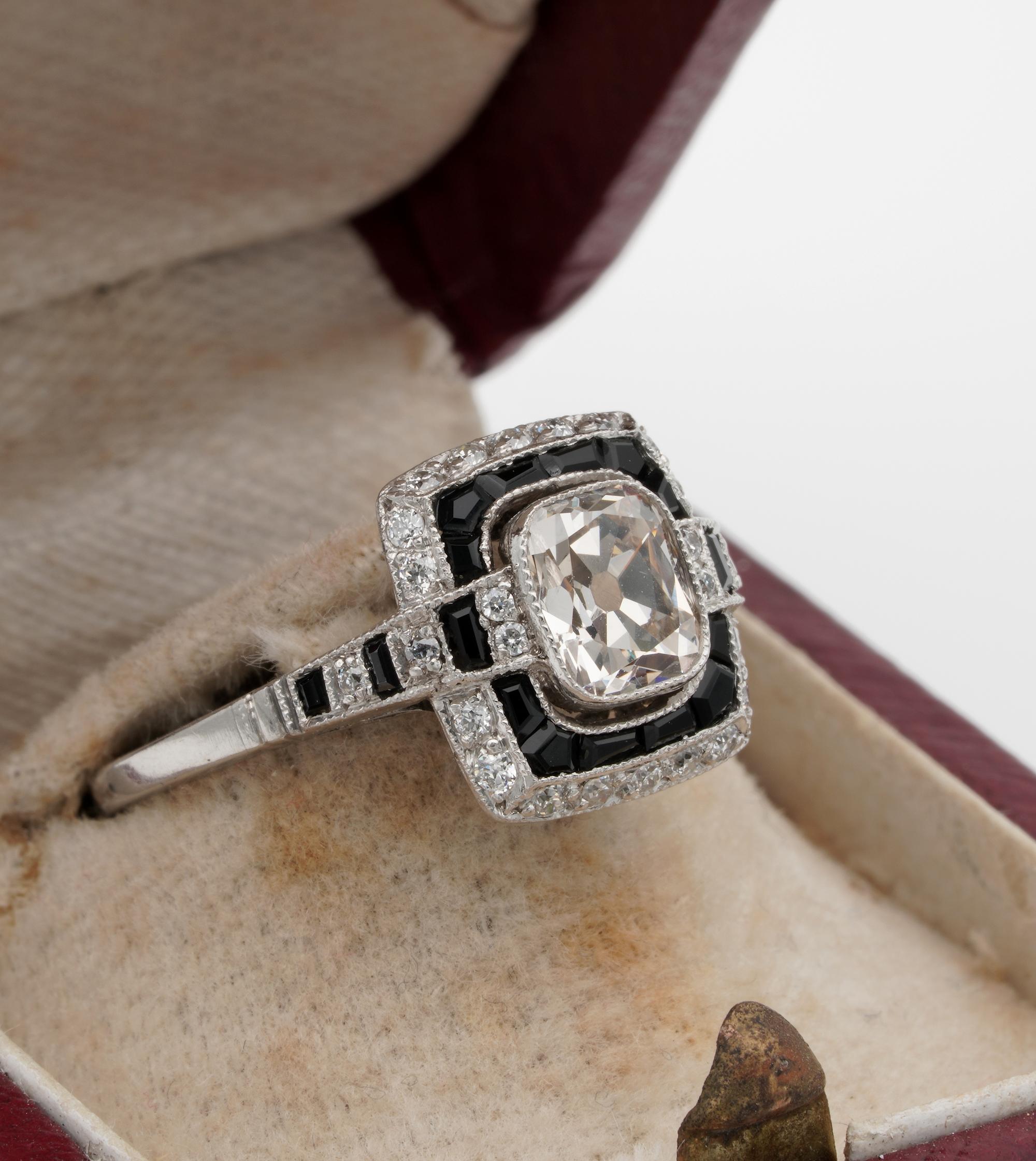 Antique Cushion Cut Art Deco style 1.0 Carat Solitaire Diamond Plus Onyx Platinum Engagement Ring For Sale