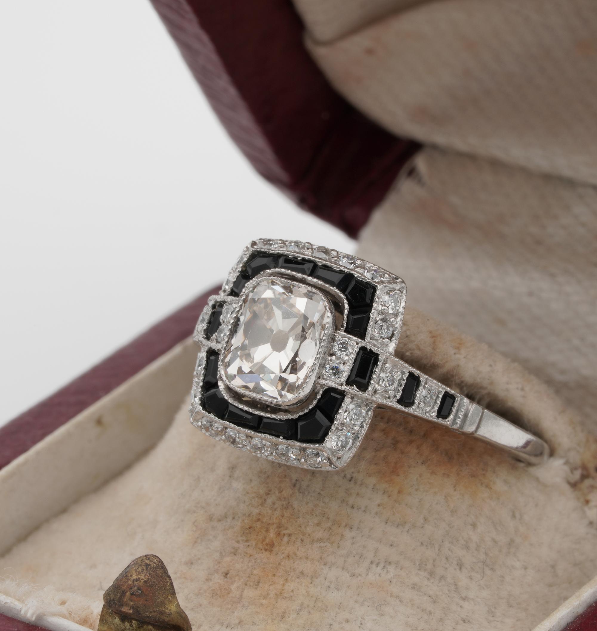 Women's or Men's Art Deco style 1.0 Carat Solitaire Diamond Plus Onyx Platinum Engagement Ring For Sale