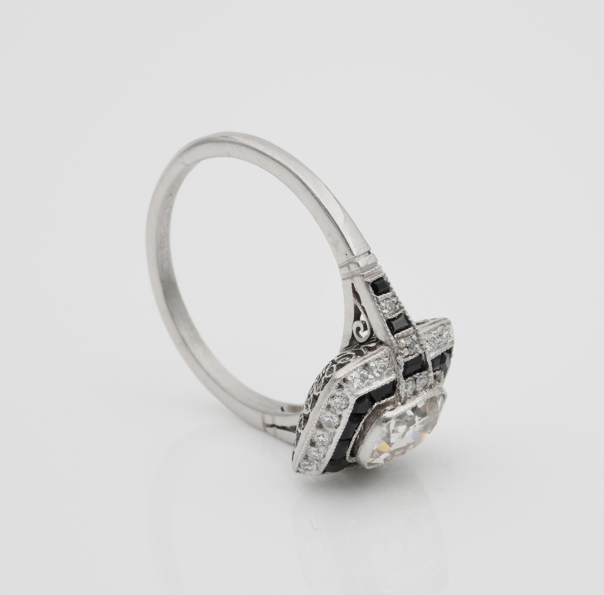 Art Deco style 1.0 Carat Solitaire Diamond Plus Onyx Platinum Engagement Ring For Sale 1