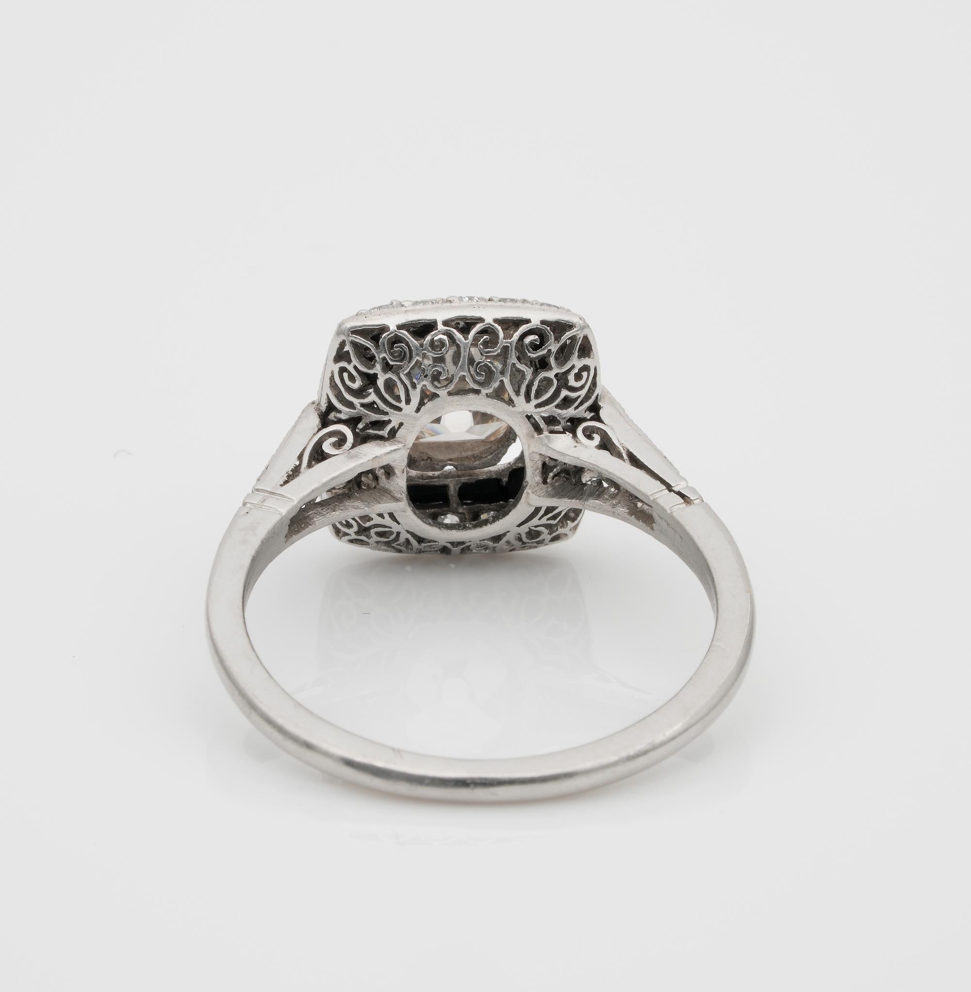 Art Deco style 1.0 Carat Solitaire Diamond Plus Onyx Platinum Engagement Ring For Sale 2