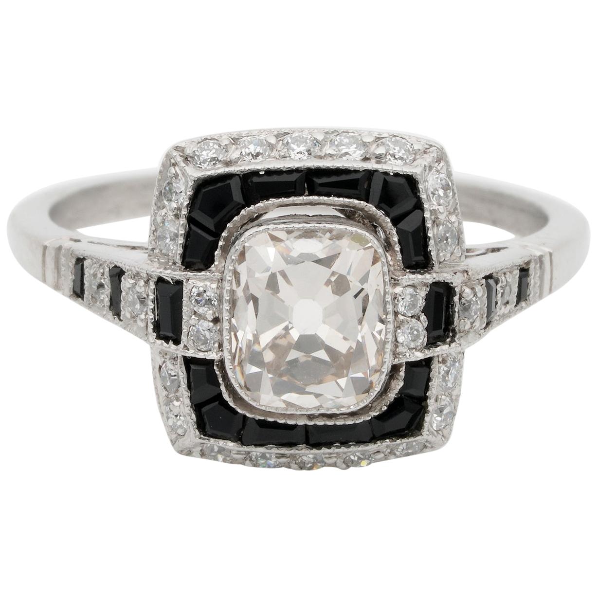 Art Deco style 1.0 Carat Solitaire Diamond Plus Onyx Platinum Engagement Ring For Sale