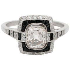Art Deco style 1.0 Carat Solitaire Diamond Plus Onyx Platinum Engagement Ring
