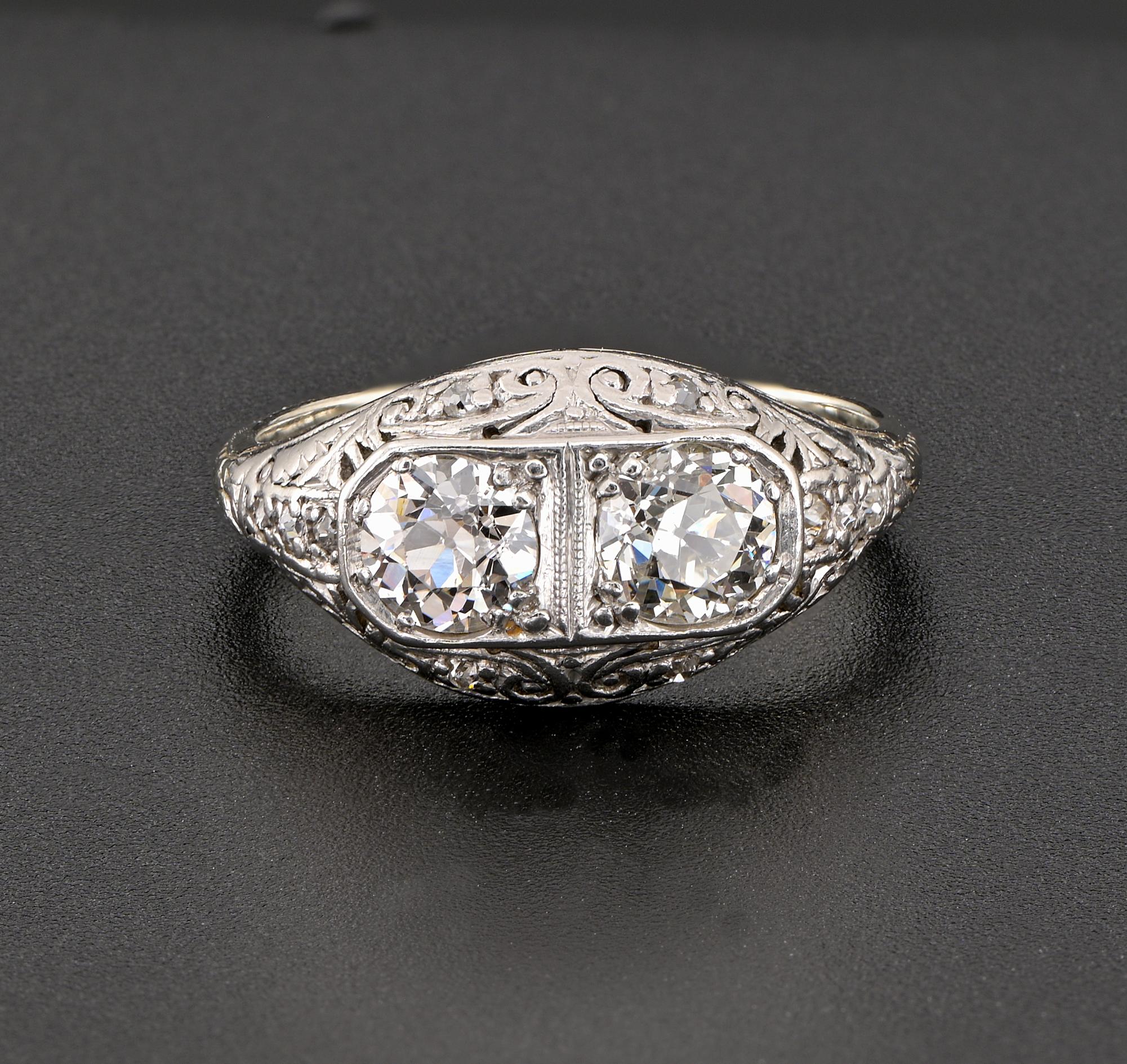 Old European Cut Art Deco 1.0 Ct Twin Diamond Plus 18 KT Filigree ring For Sale