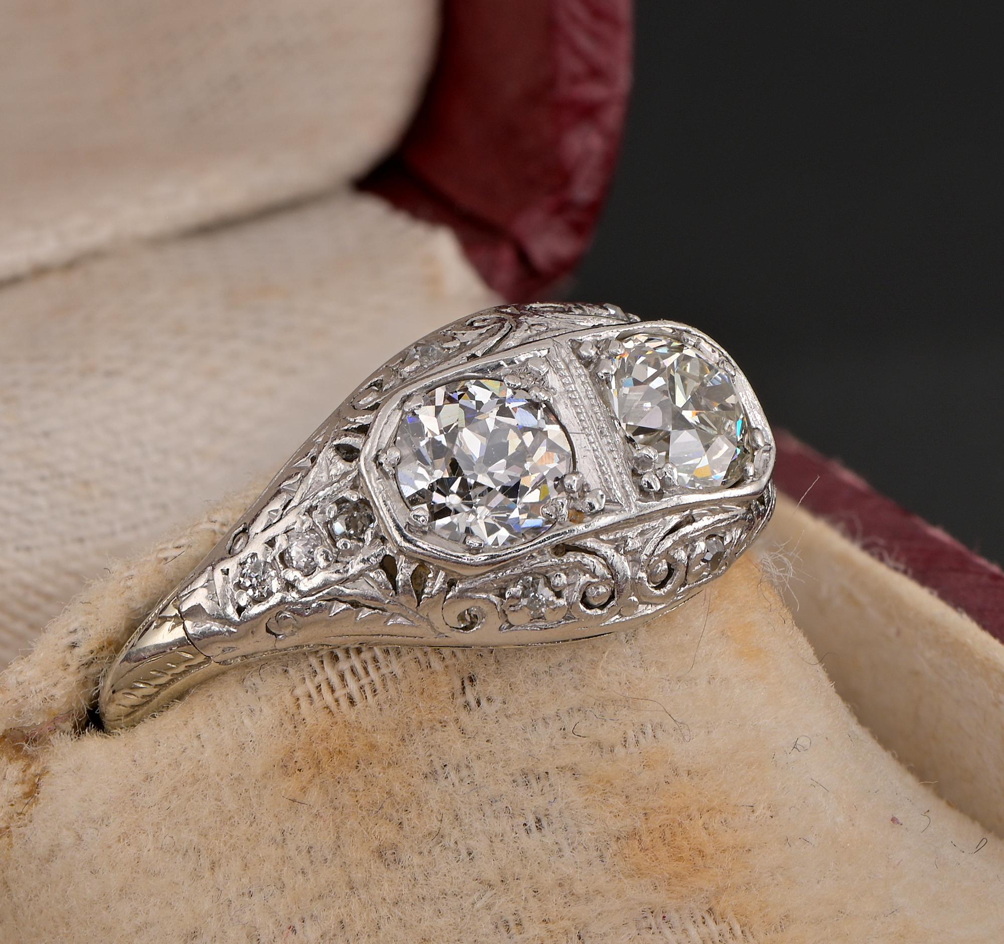 Women's Art Deco 1.0 Ct Twin Diamond Plus 18 KT Filigree ring For Sale