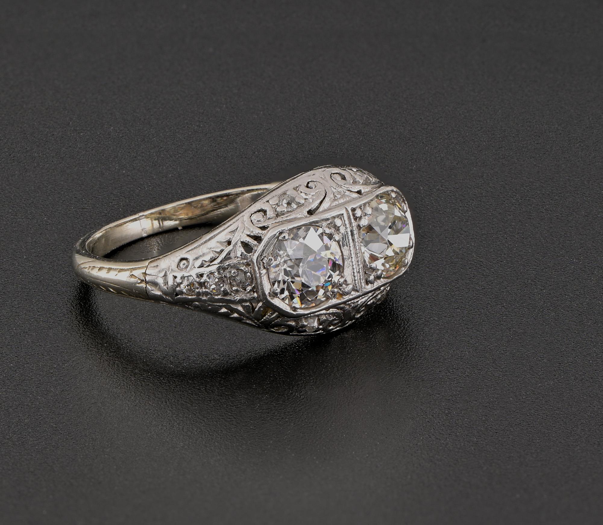 Art Deco 1.0 Ct Twin Diamond Plus 18 KT Filigree ring For Sale 1