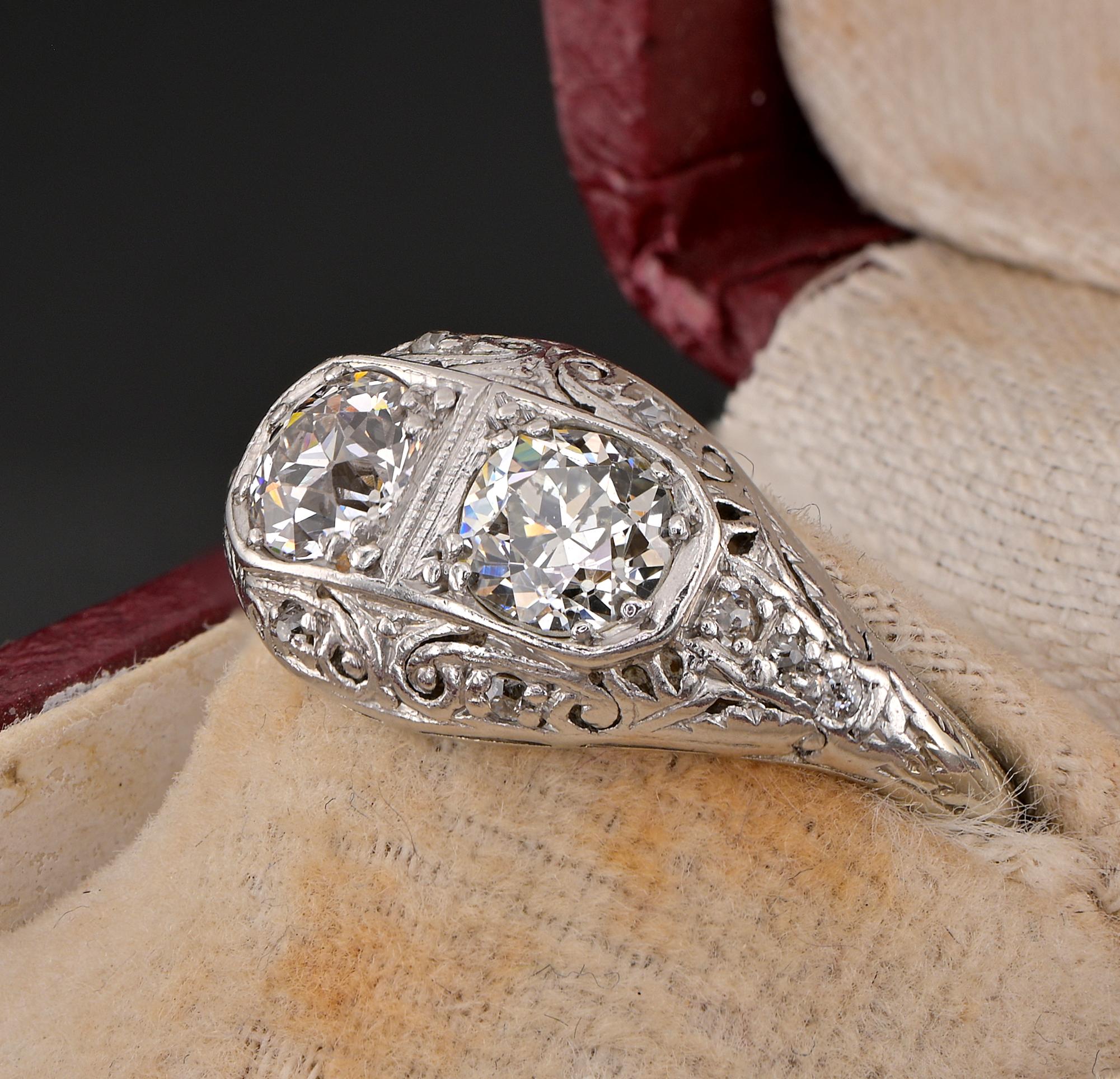Art Deco 1.0 Ct Twin Diamond Plus 18 KT Filigree ring For Sale 3