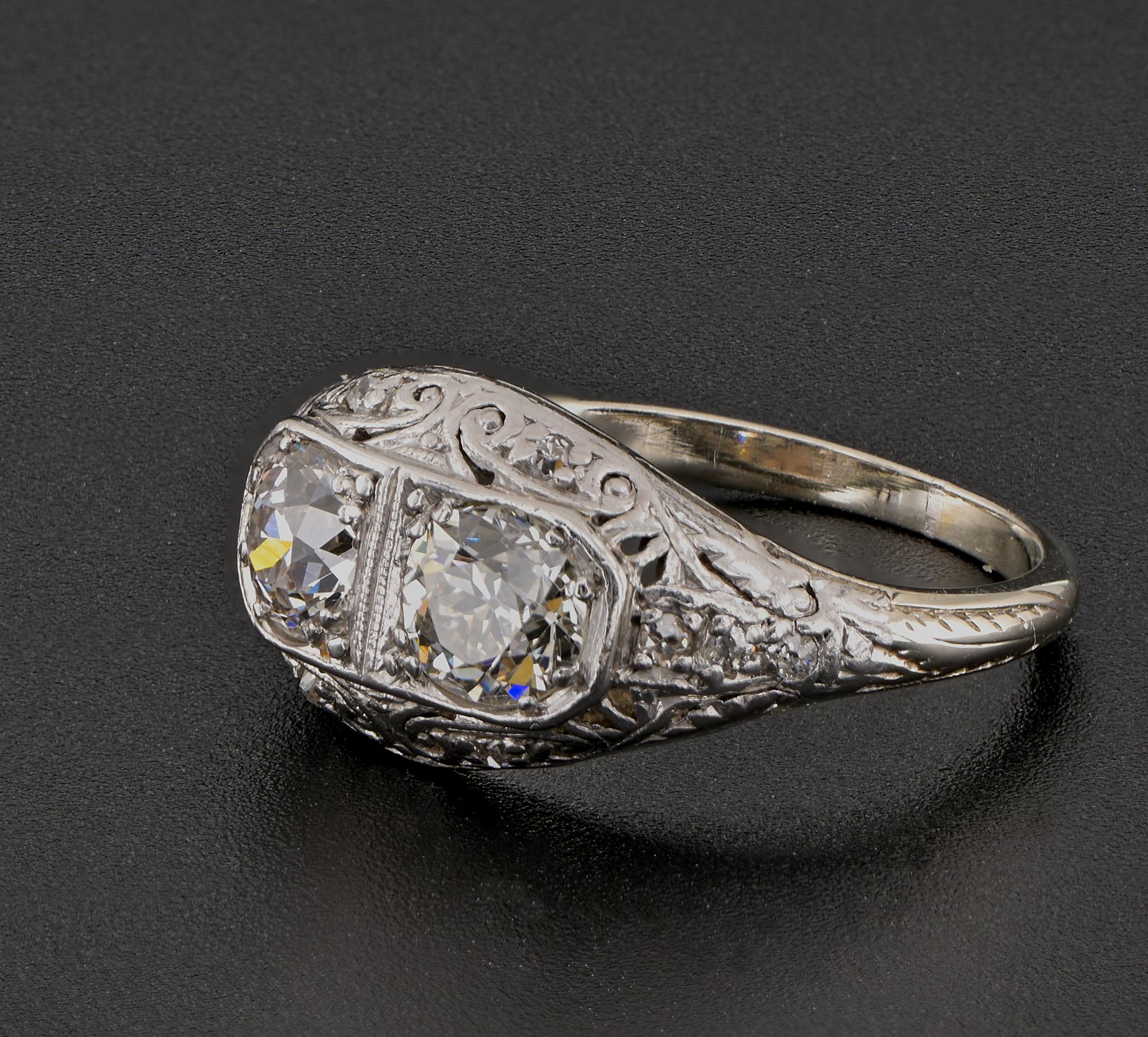 Art Deco 1.0 Ct Twin Diamond Plus 18 KT Filigree ring For Sale 4